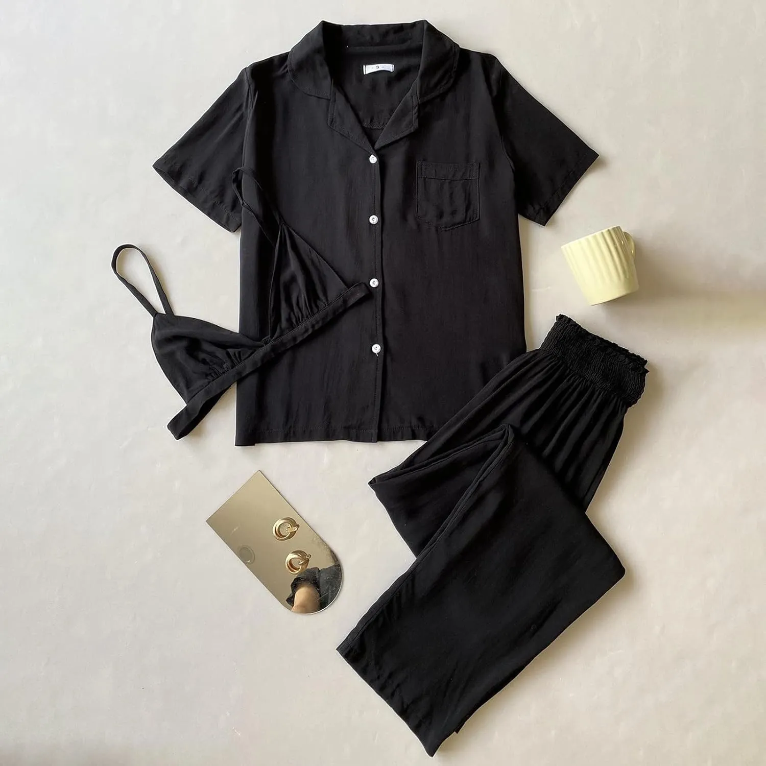 Women's Pajamas Set, 3 Piece Pjs Lounge Sets Button Down Short Sleeve Sleepwear Nightwear Soft Long Pants with Bra