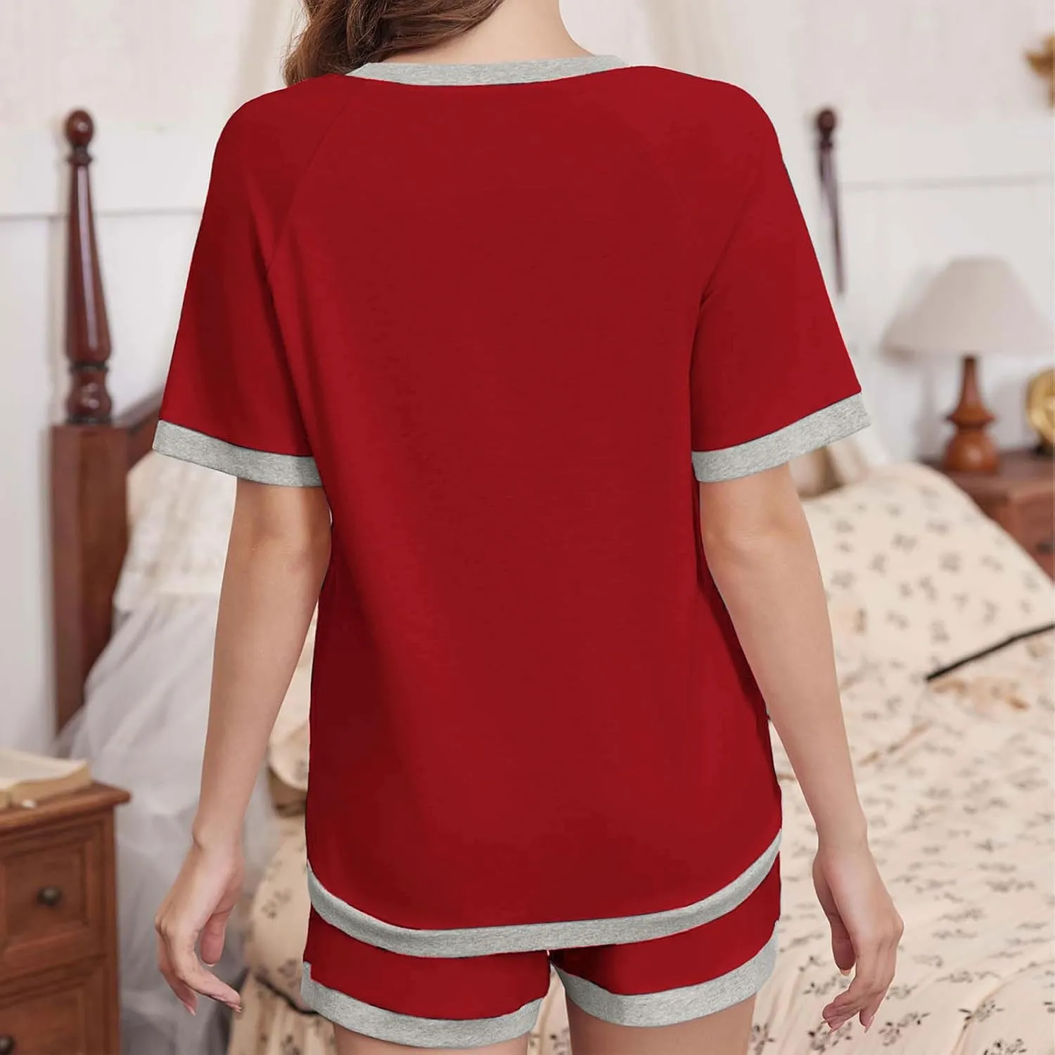 Womens Pajamas Sets Casual Crewneck Short Sleeve Tops Drawstring Wide Leg Shorts Outfits Summer Loose Fit Loungewear