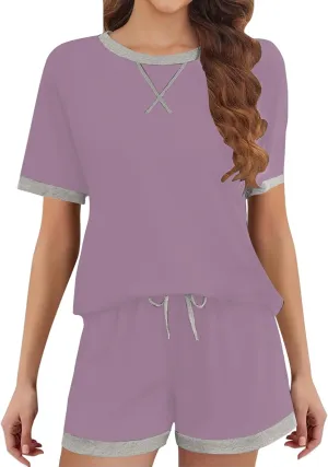 Womens Pajamas Sets Casual Crewneck Short Sleeve Tops Drawstring Wide Leg Shorts Outfits Summer Loose Fit Loungewear