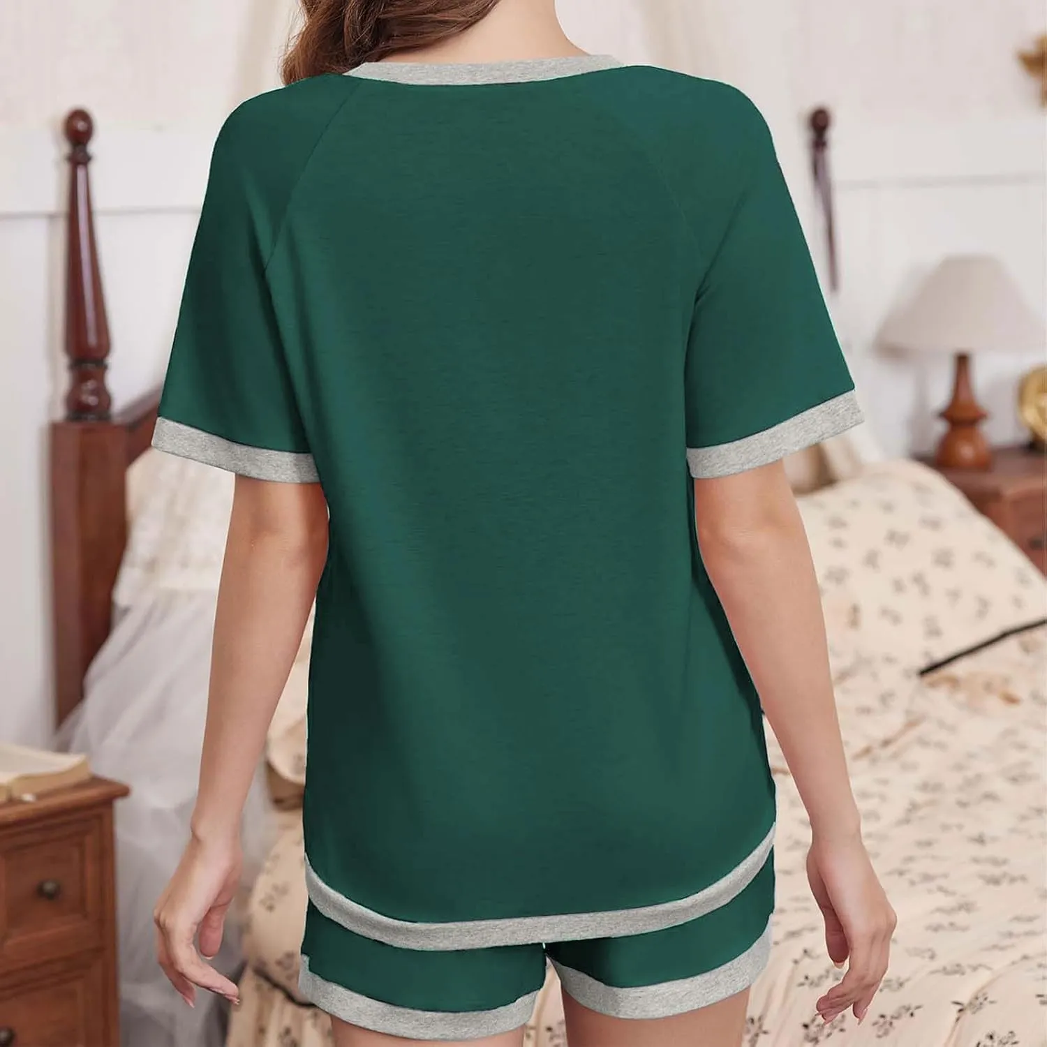 Womens Pajamas Sets Casual Crewneck Short Sleeve Tops Drawstring Wide Leg Shorts Outfits Summer Loose Fit Loungewear