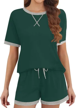 Womens Pajamas Sets Casual Crewneck Short Sleeve Tops Drawstring Wide Leg Shorts Outfits Summer Loose Fit Loungewear