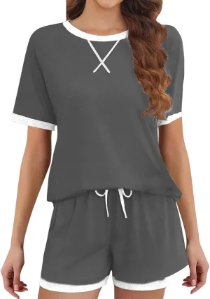 Womens Pajamas Sets Casual Crewneck Short Sleeve Tops Drawstring Wide Leg Shorts Outfits Summer Loose Fit Loungewear