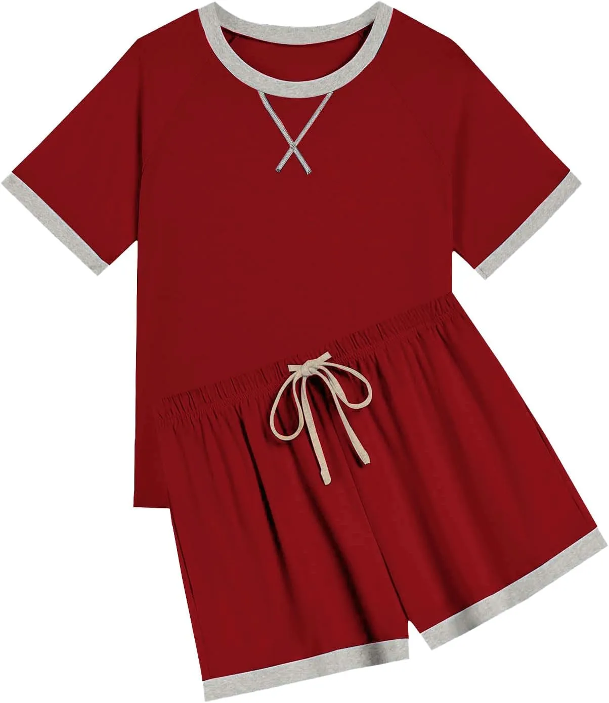 Womens Pajamas Sets Casual Crewneck Short Sleeve Tops Drawstring Wide Leg Shorts Outfits Summer Loose Fit Loungewear