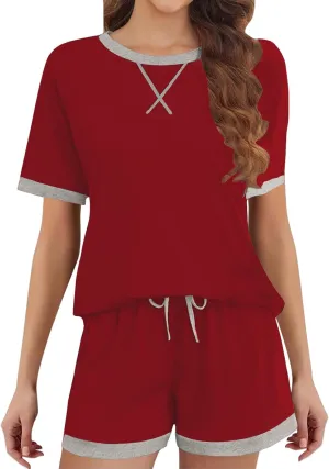 Womens Pajamas Sets Casual Crewneck Short Sleeve Tops Drawstring Wide Leg Shorts Outfits Summer Loose Fit Loungewear