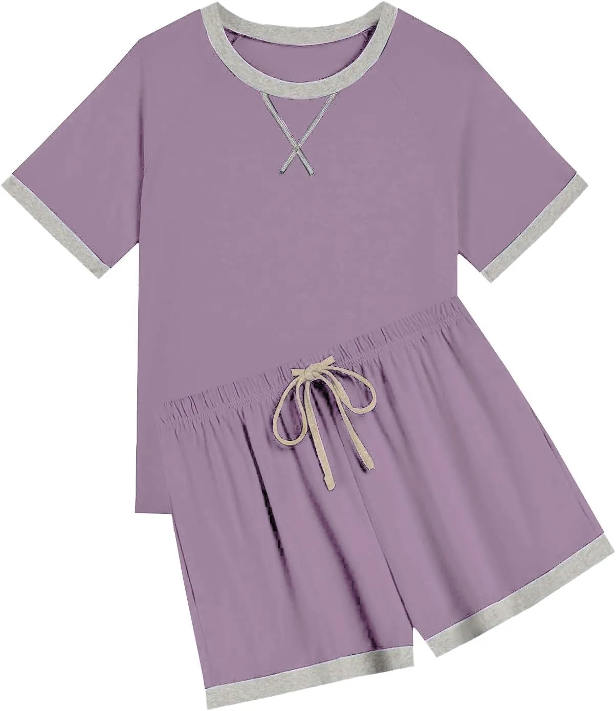 Womens Pajamas Sets Casual Crewneck Short Sleeve Tops Drawstring Wide Leg Shorts Outfits Summer Loose Fit Loungewear