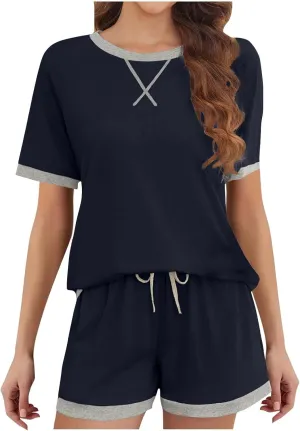 Womens Pajamas Sets Casual Crewneck Short Sleeve Tops Drawstring Wide Leg Shorts Outfits Summer Loose Fit Loungewear