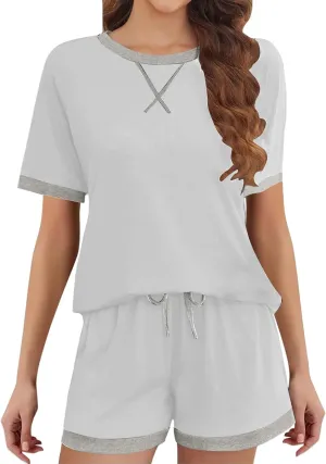 Womens Pajamas Sets Casual Crewneck Short Sleeve Tops Drawstring Wide Leg Shorts Outfits Summer Loose Fit Loungewear