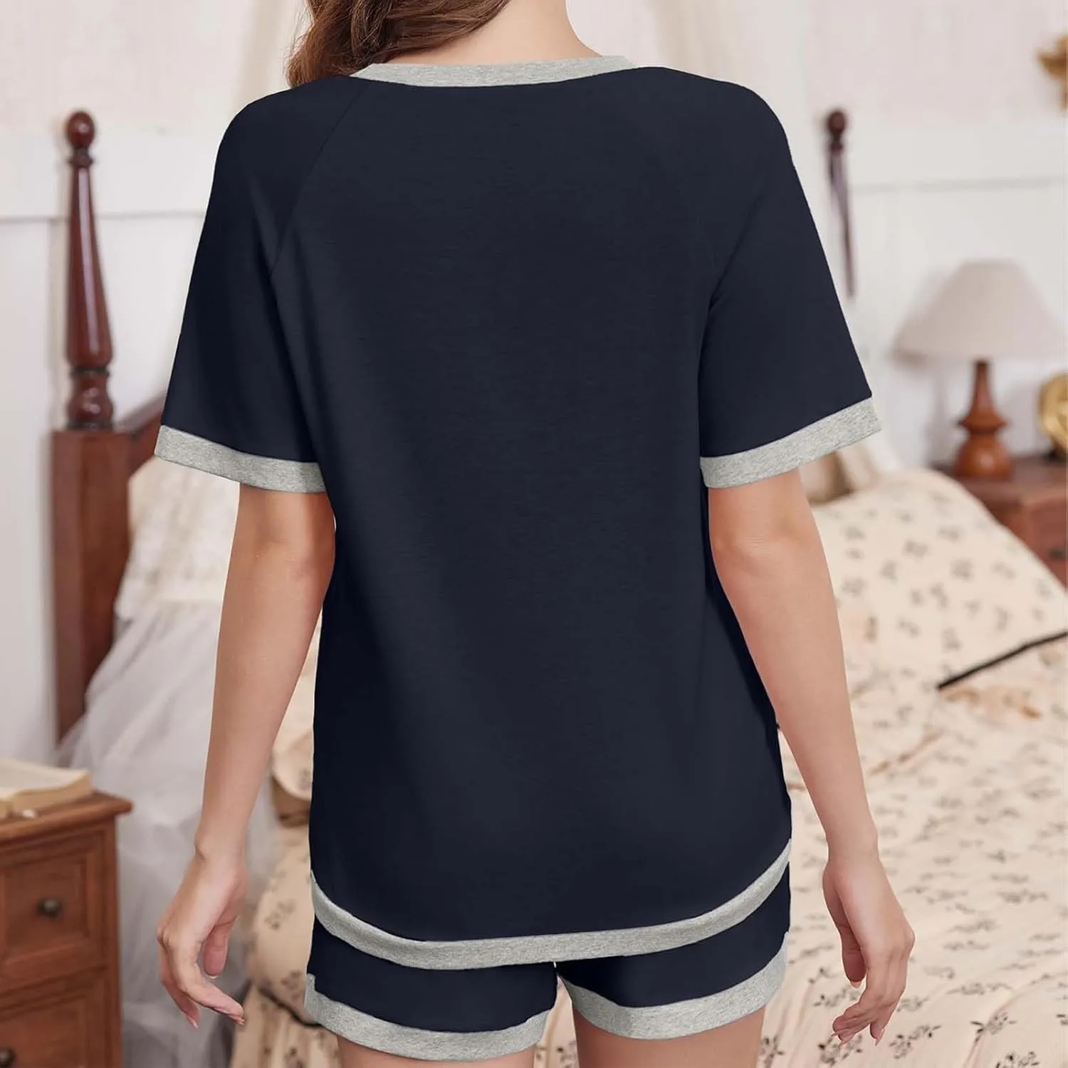 Womens Pajamas Sets Casual Crewneck Short Sleeve Tops Drawstring Wide Leg Shorts Outfits Summer Loose Fit Loungewear