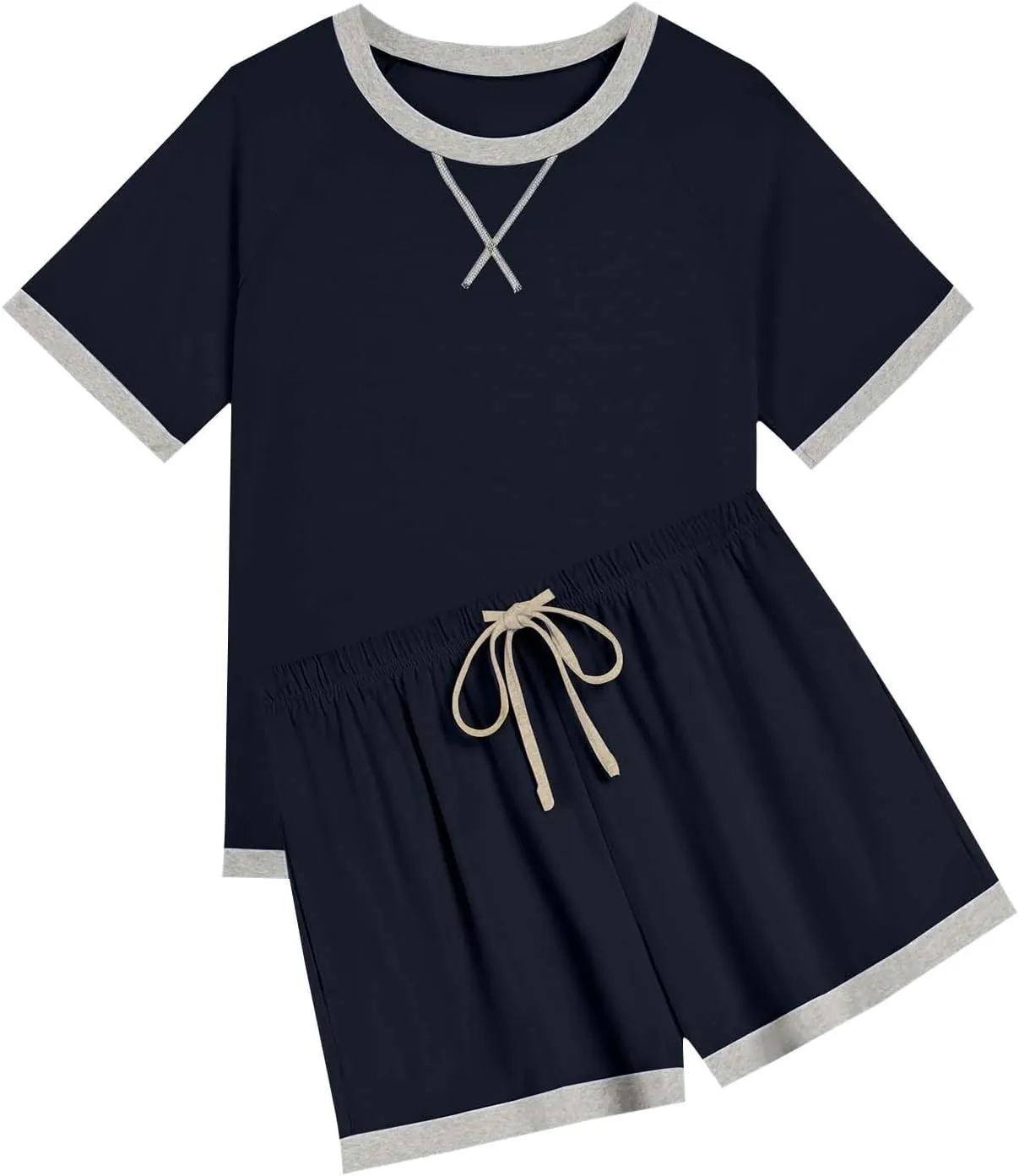 Womens Pajamas Sets Casual Crewneck Short Sleeve Tops Drawstring Wide Leg Shorts Outfits Summer Loose Fit Loungewear