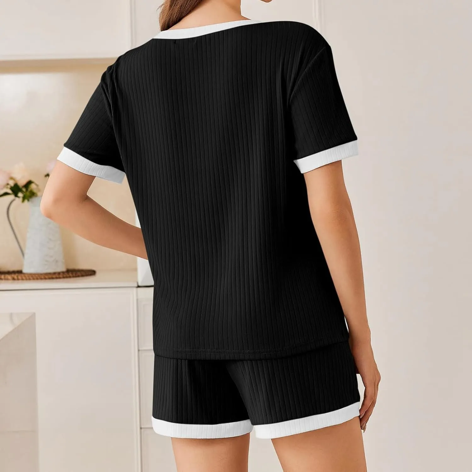 Womens Pajamas Sets Comfy Ribbed Knit Crewneck Short Sleeve Tops Drawstring Shorts 2 Piece Outfits Color Block Sets