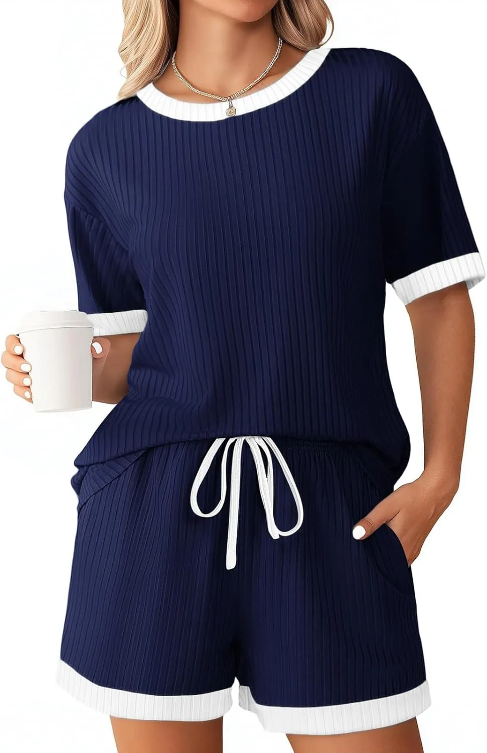 Womens Pajamas Sets Comfy Ribbed Knit Crewneck Short Sleeve Tops Drawstring Shorts 2 Piece Outfits Color Block Sets