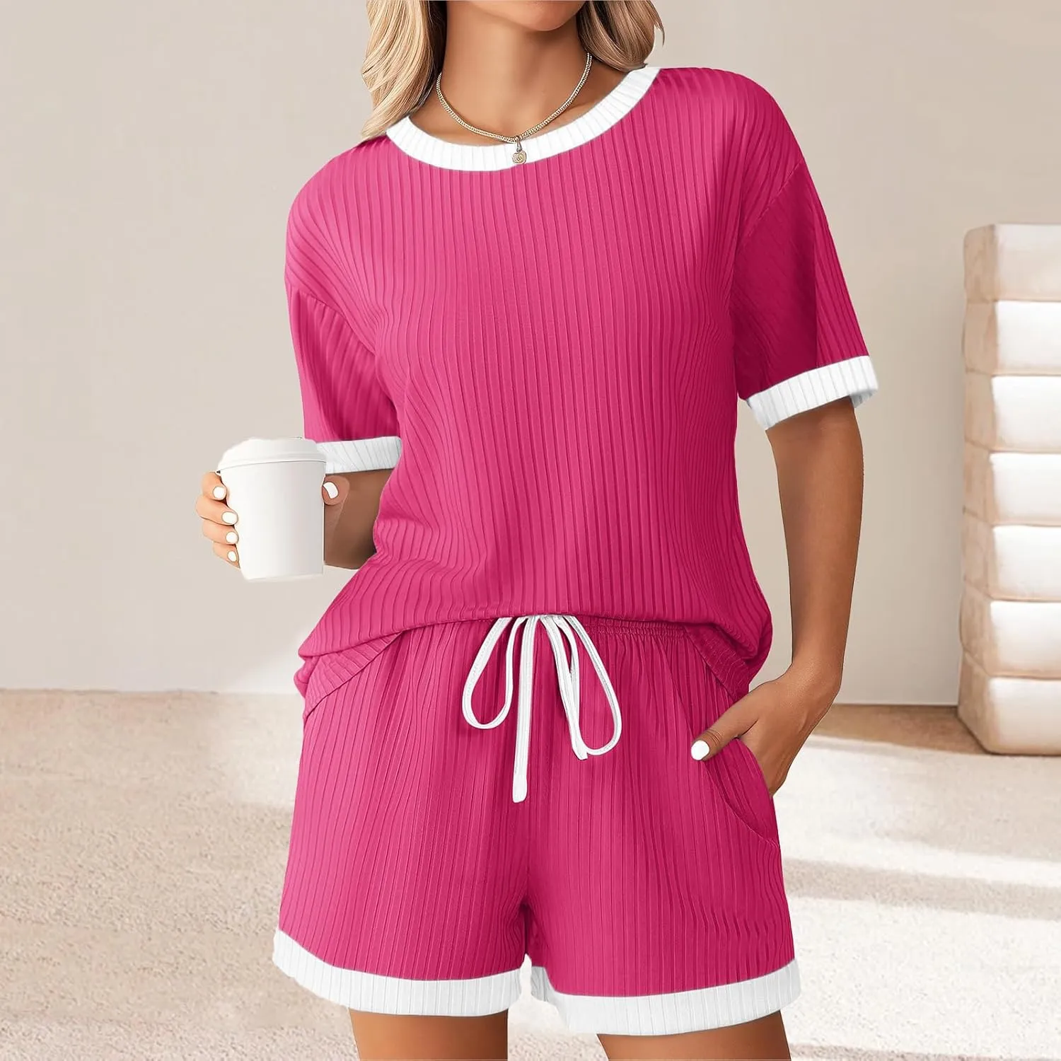 Womens Pajamas Sets Comfy Ribbed Knit Crewneck Short Sleeve Tops Drawstring Shorts 2 Piece Outfits Color Block Sets