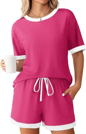 Womens Pajamas Sets Comfy Ribbed Knit Crewneck Short Sleeve Tops Drawstring Shorts 2 Piece Outfits Color Block Sets