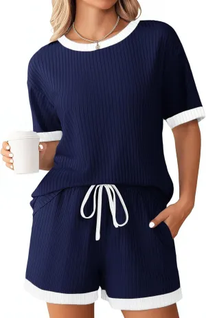 Womens Pajamas Sets Comfy Ribbed Knit Crewneck Short Sleeve Tops Drawstring Shorts 2 Piece Outfits Color Block Sets
