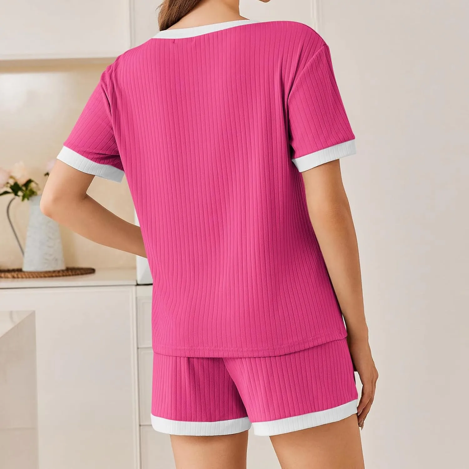 Womens Pajamas Sets Comfy Ribbed Knit Crewneck Short Sleeve Tops Drawstring Shorts 2 Piece Outfits Color Block Sets