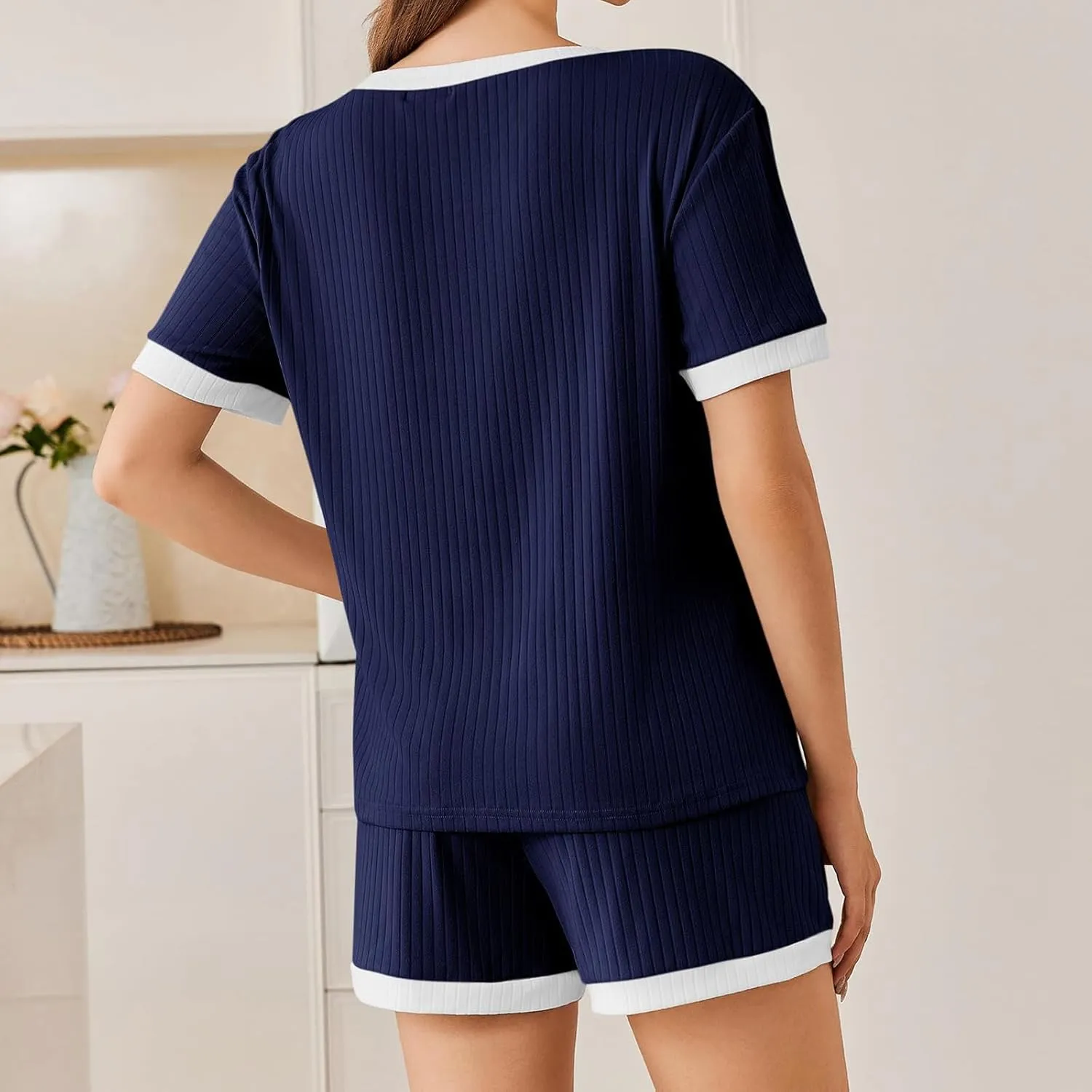 Womens Pajamas Sets Comfy Ribbed Knit Crewneck Short Sleeve Tops Drawstring Shorts 2 Piece Outfits Color Block Sets
