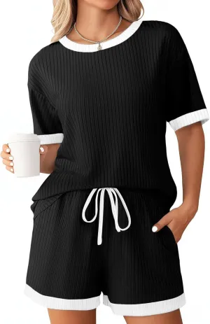 Womens Pajamas Sets Comfy Ribbed Knit Crewneck Short Sleeve Tops Drawstring Shorts 2 Piece Outfits Color Block Sets