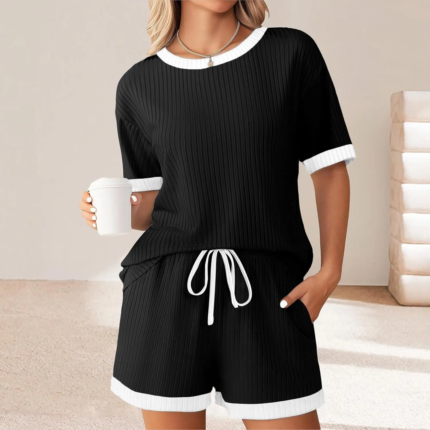 Womens Pajamas Sets Comfy Ribbed Knit Crewneck Short Sleeve Tops Drawstring Shorts 2 Piece Outfits Color Block Sets