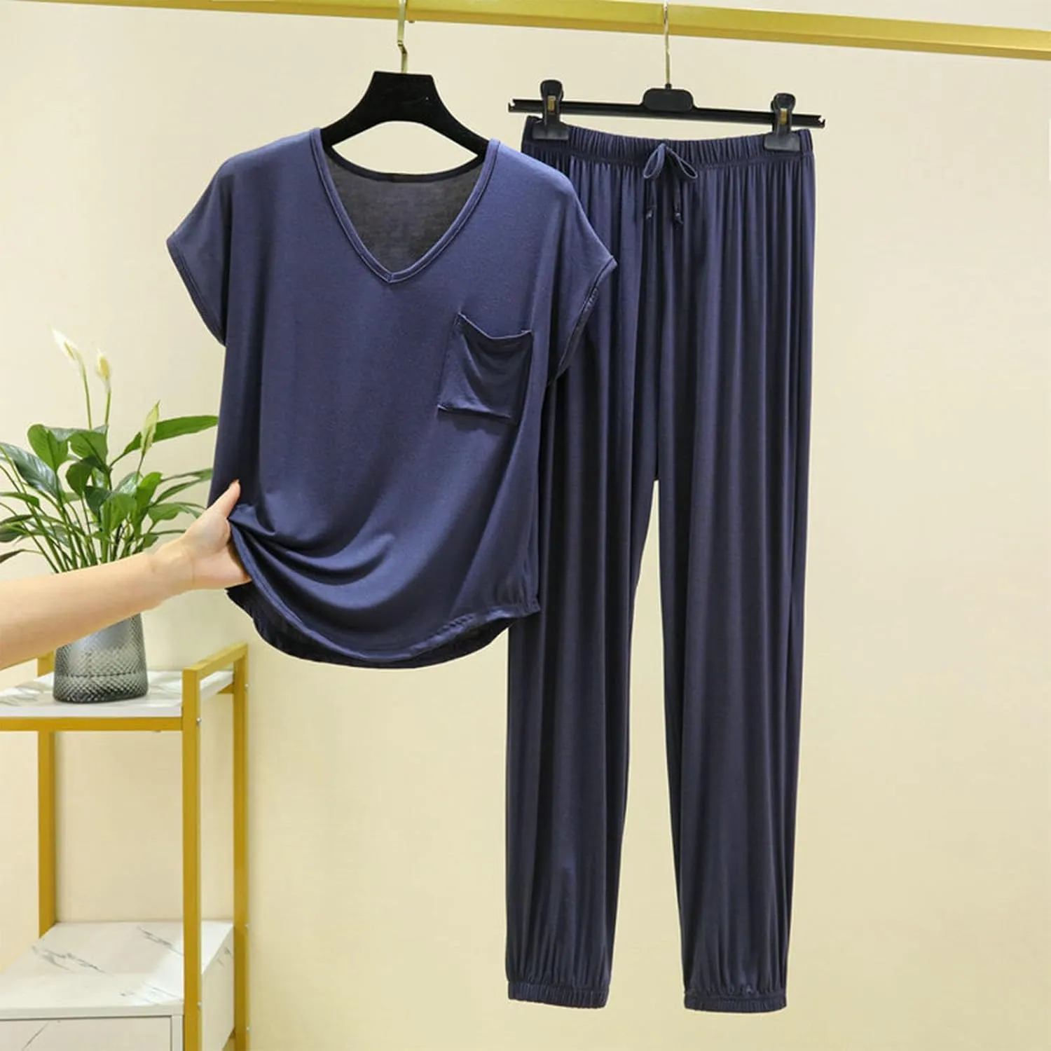 Women's Pja Set Comfy Soft Sleepwear 2 Piece Lounge Sets Short Sleeve Tops with Capri Pants Cotton Pajamas Set