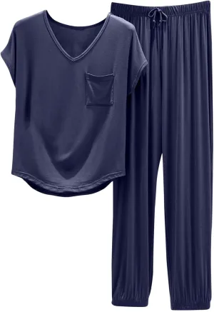 Women's Pja Set Comfy Soft Sleepwear 2 Piece Lounge Sets Short Sleeve Tops with Capri Pants Cotton Pajamas Set