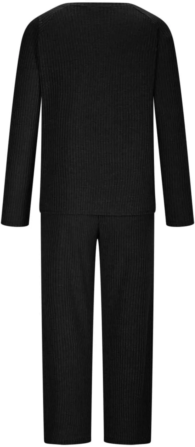 Womens Ribbed Knit Lounge Set Crewneck Sweatsuit Long Sleeve Pullover Top with Wide Leg Pants Two Piece Outfits
