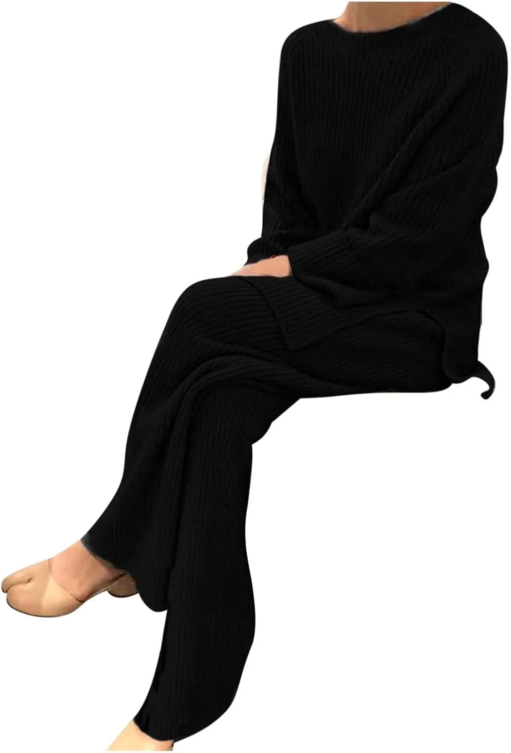 Womens Ribbed Knit Lounge Set Crewneck Sweatsuit Long Sleeve Pullover Top with Wide Leg Pants Two Piece Outfits