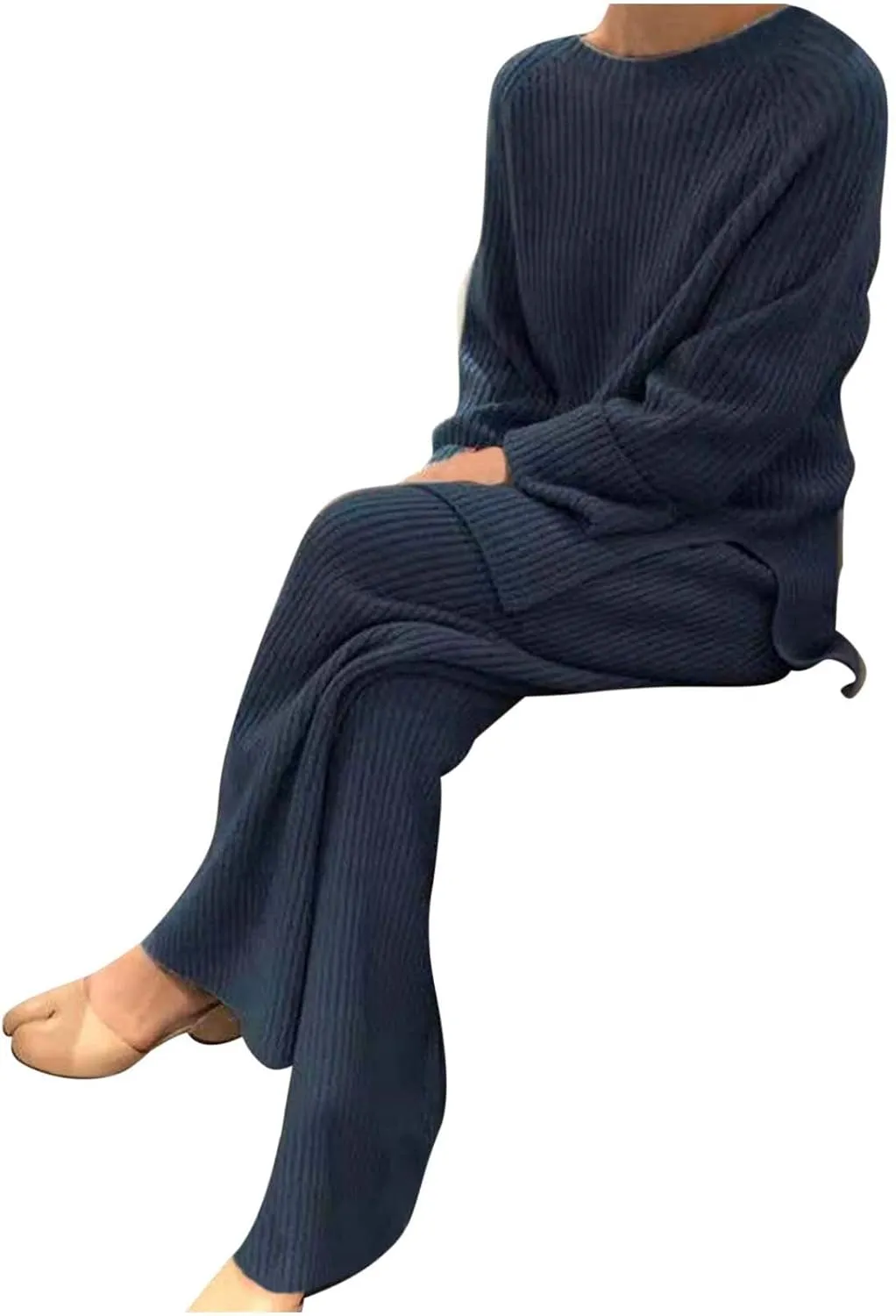 Womens Ribbed Knit Lounge Set Crewneck Sweatsuit Long Sleeve Pullover Top with Wide Leg Pants Two Piece Outfits