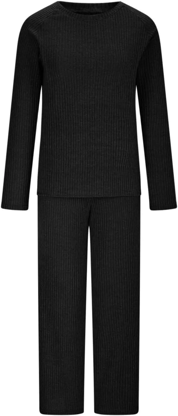 Womens Ribbed Knit Lounge Set Crewneck Sweatsuit Long Sleeve Pullover Top with Wide Leg Pants Two Piece Outfits