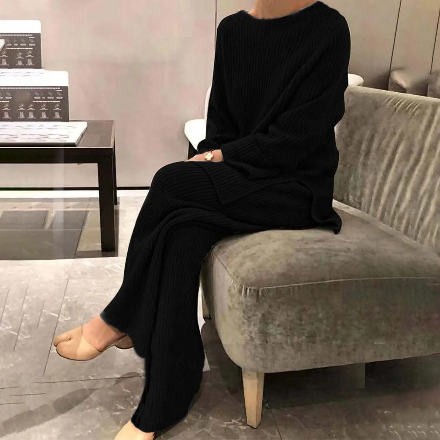 Womens Ribbed Knit Lounge Set Crewneck Sweatsuit Long Sleeve Pullover Top with Wide Leg Pants Two Piece Outfits