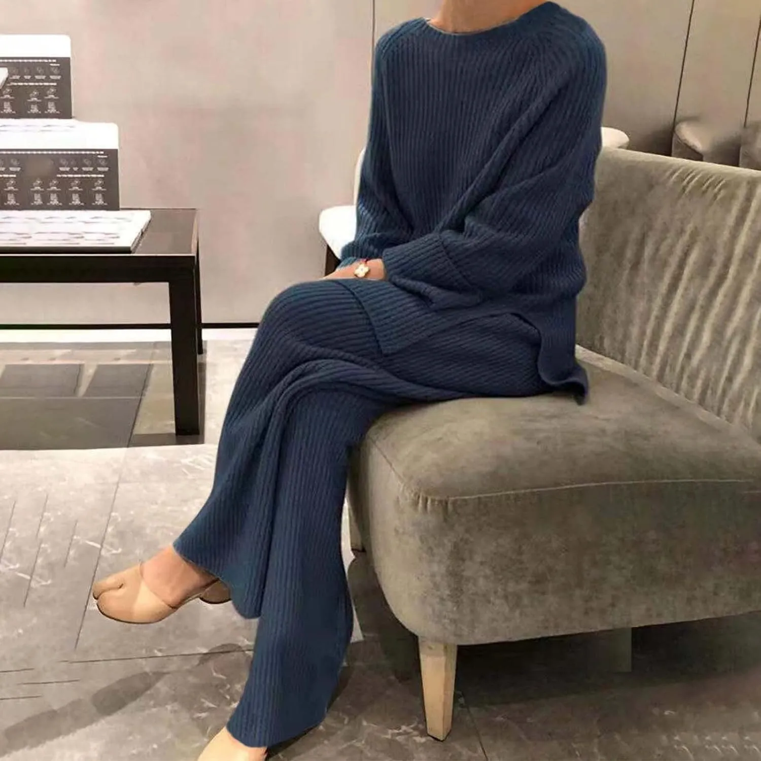 Womens Ribbed Knit Lounge Set Crewneck Sweatsuit Long Sleeve Pullover Top with Wide Leg Pants Two Piece Outfits