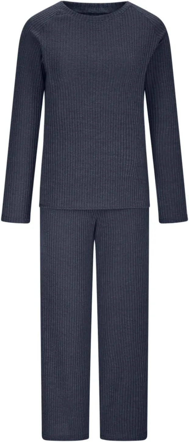 Womens Ribbed Knit Lounge Set Crewneck Sweatsuit Long Sleeve Pullover Top with Wide Leg Pants Two Piece Outfits