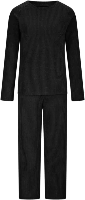 Womens Ribbed Knit Lounge Set Crewneck Sweatsuit Long Sleeve Pullover Top with Wide Leg Pants Two Piece Outfits