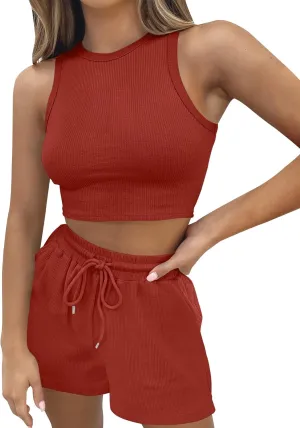 Women's Ribbed Knit Pajama Sleeveless Sweatsuits Crop Top Pullover Tracksuits Round Neck Loungewear Set