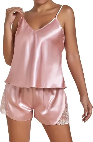 Women's Satin Silk Mesh Deep V Neck Sexy Sleepwear Lingerie Shorts Set Cami Top 2 Piece Pajamas Set Pjs Sets