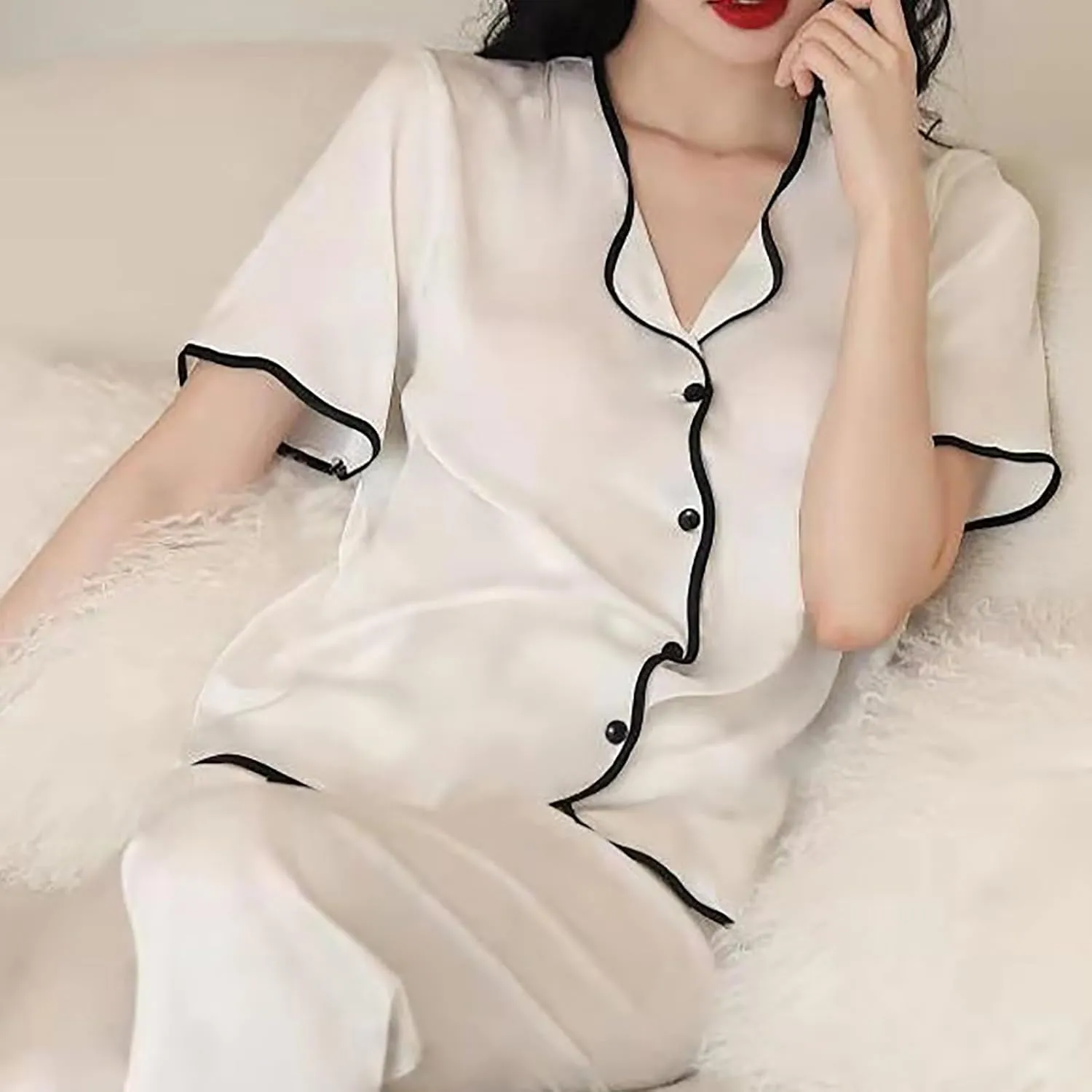 Womens Satin Silky Pajamas Set Short Sleeve Sleep Shirt with Long Pajama Pant Set Soft PJ Loungewear Matching Set