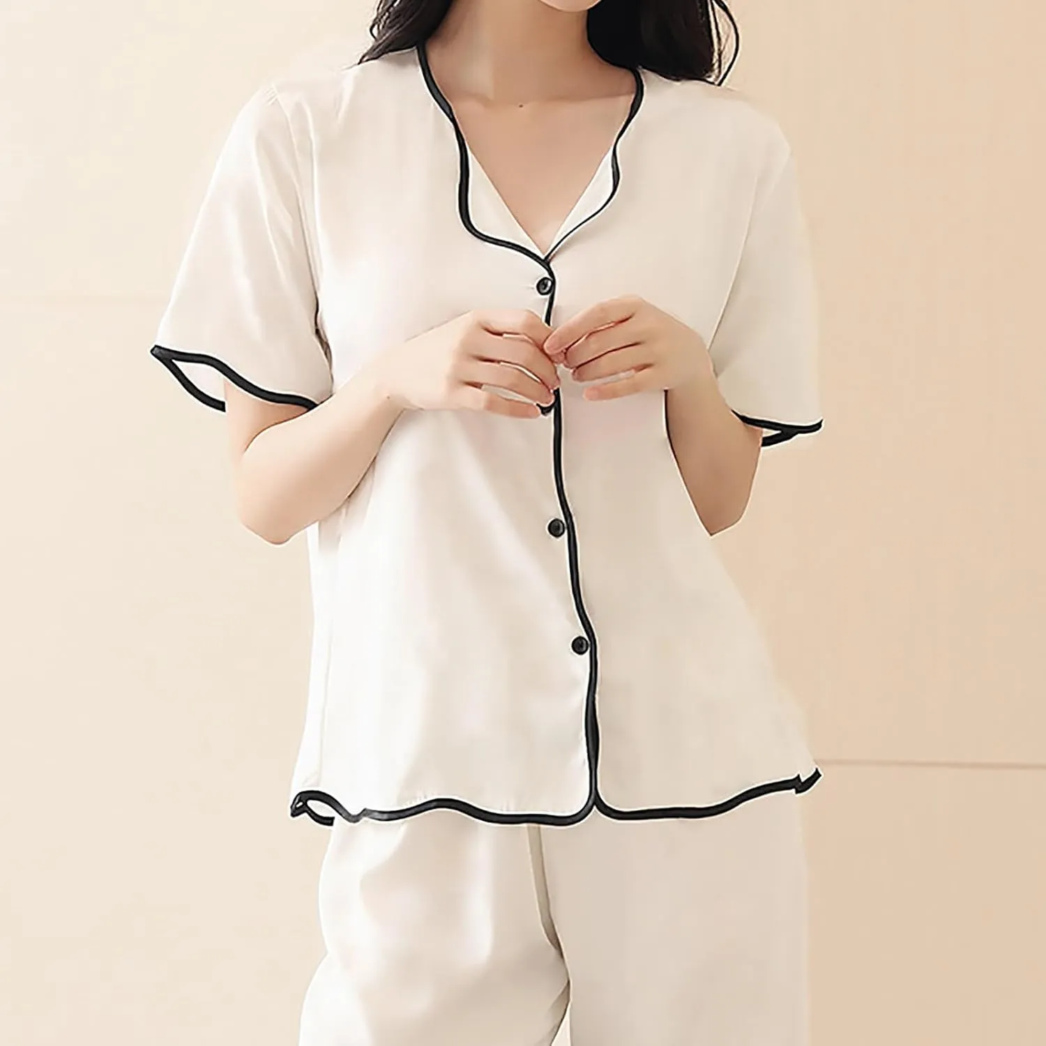 Womens Satin Silky Pajamas Set Short Sleeve Sleep Shirt with Long Pajama Pant Set Soft PJ Loungewear Matching Set
