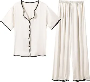 Womens Satin Silky Pajamas Set Short Sleeve Sleep Shirt with Long Pajama Pant Set Soft PJ Loungewear Matching Set