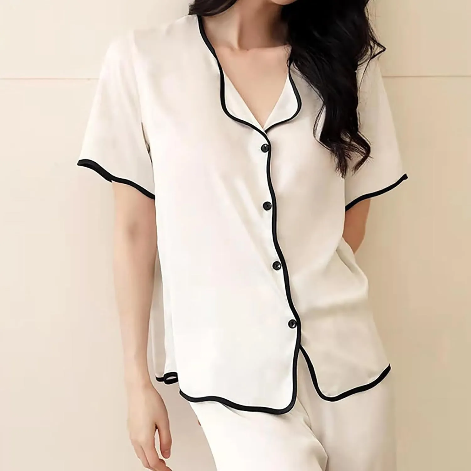 Womens Satin Silky Pajamas Set Short Sleeve Sleep Shirt with Long Pajama Pant Set Soft PJ Loungewear Matching Set