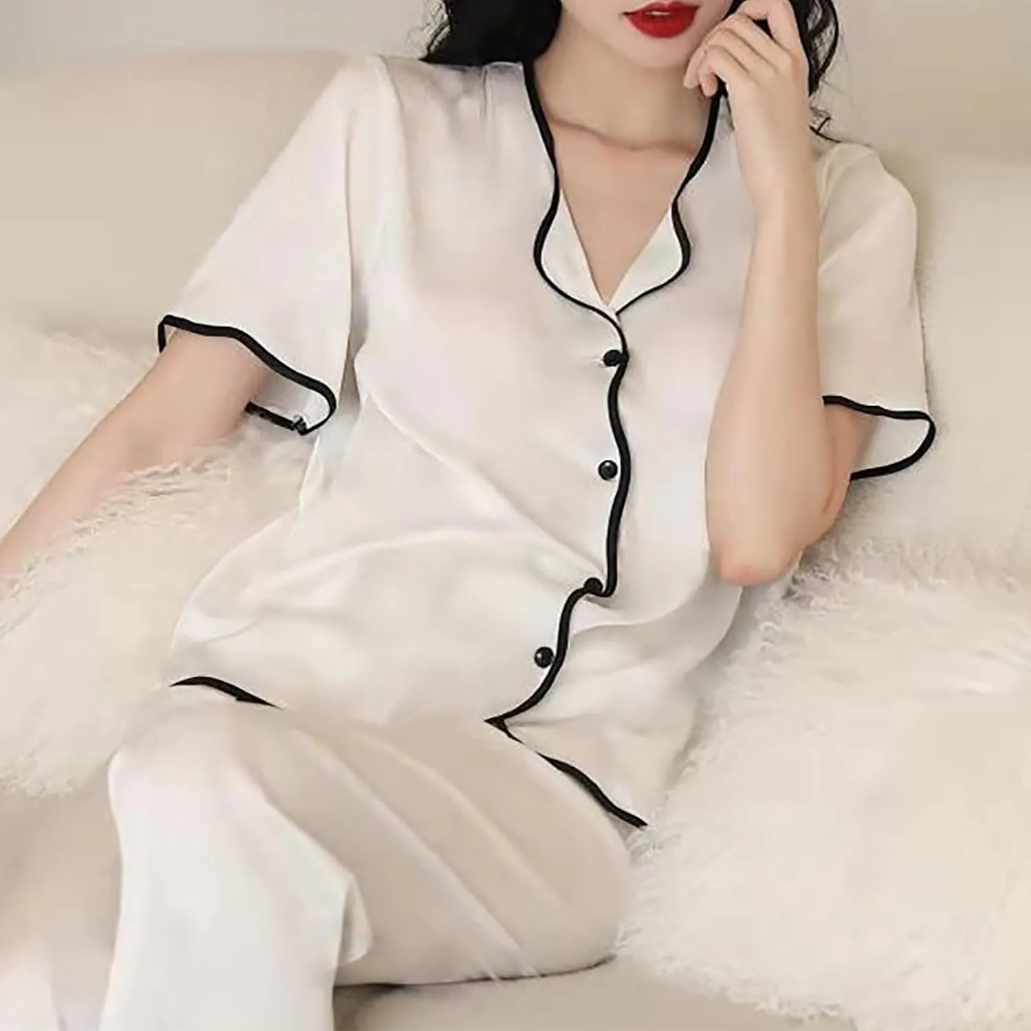Womens Satin Silky Pajamas Set Short Sleeve Sleep Shirt with Long Pajama Pant Set Soft PJ Loungewear Matching Set