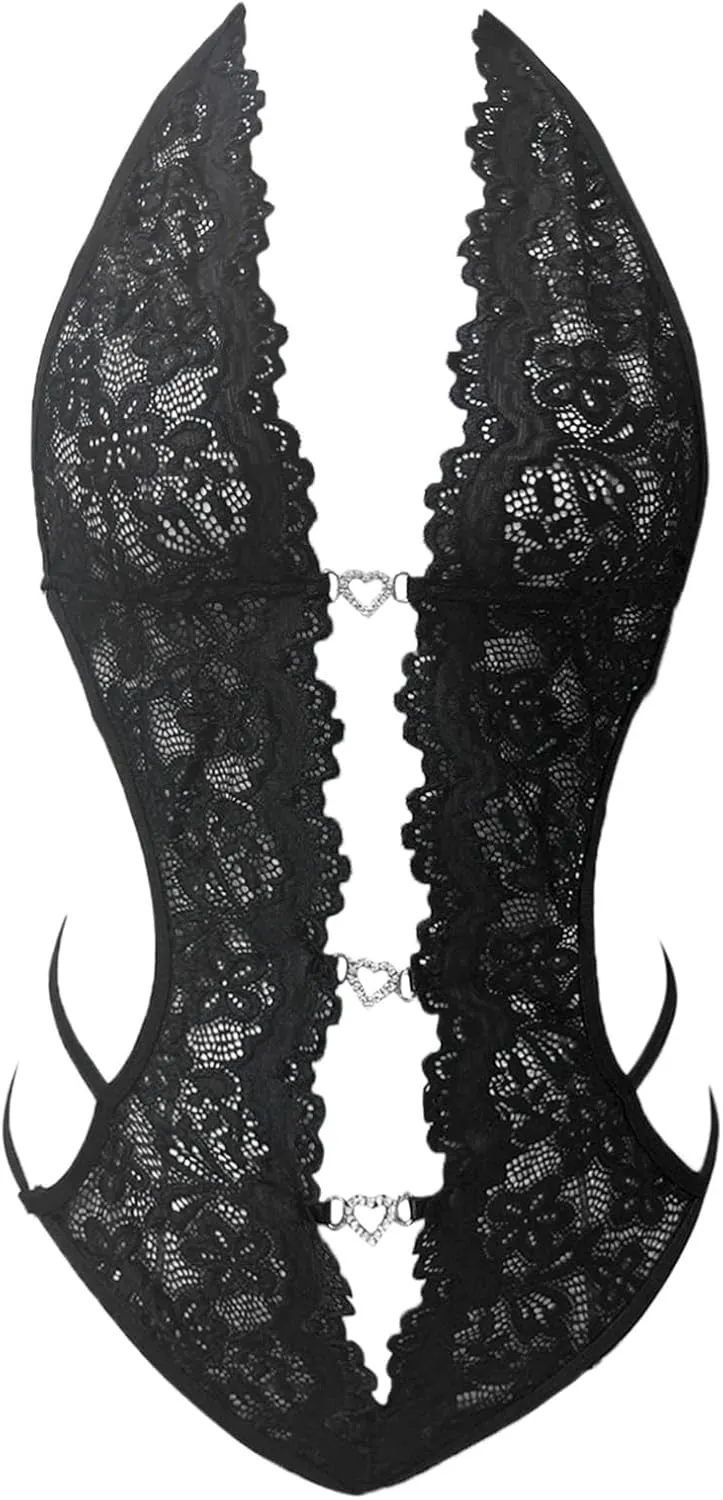 Womens Sexy Lace Heart Print Romper Lingerie Color Block Lace Up Lace Teddy Lingerie Womens Lingerie Set Sexy Corset
