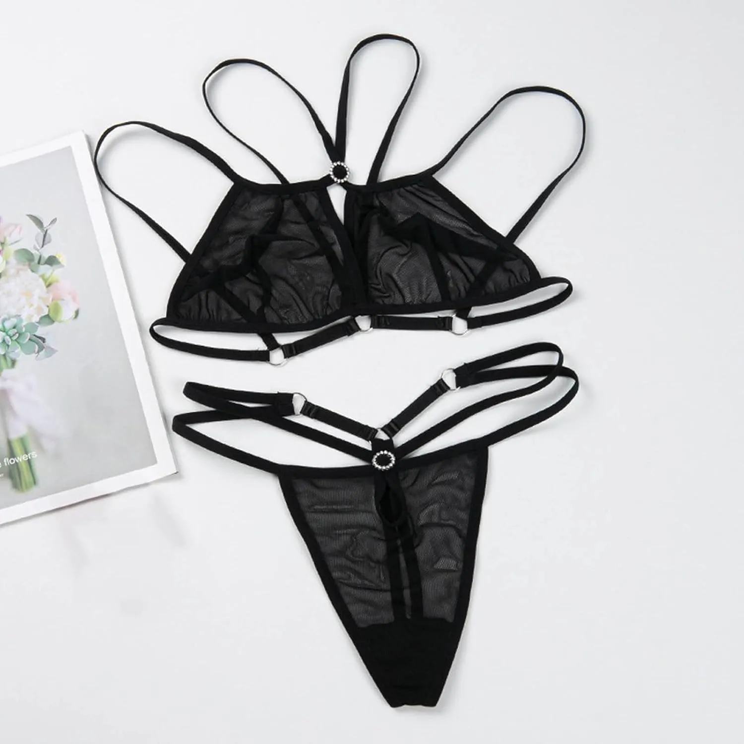 Women's Sexy Lingerie Bra Panty Set Fishnet Sheer Mesh Matching Lace Mesh Bra Loungewear Thongs Chemise Hipster