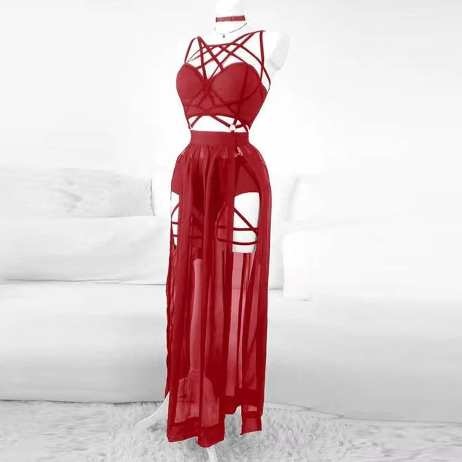 Womens Sexy Oversized Lingerie Sets,Lace Mesh Bandage Tops Thongs Tassel Dress 3pieces Teddy Babydoll Nightdress Sleepwear