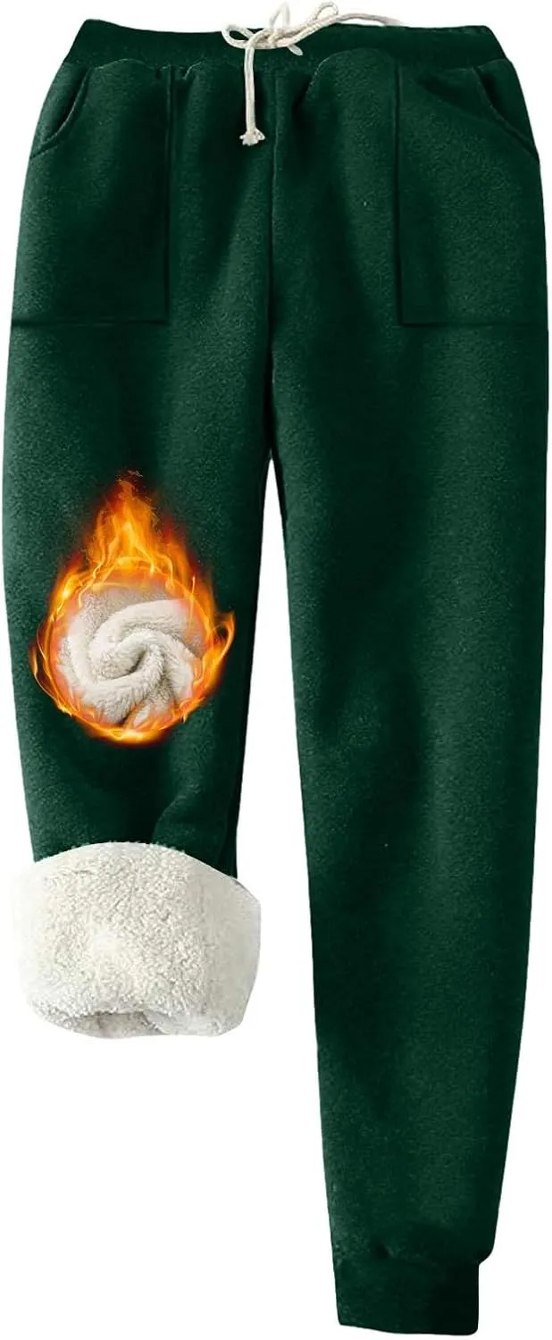 Womens Sherpa Lined Sweatpants Warm Thicken Fleece Winter Pants Straight Leg Cinch Bottom Jogger Pant with Pockets