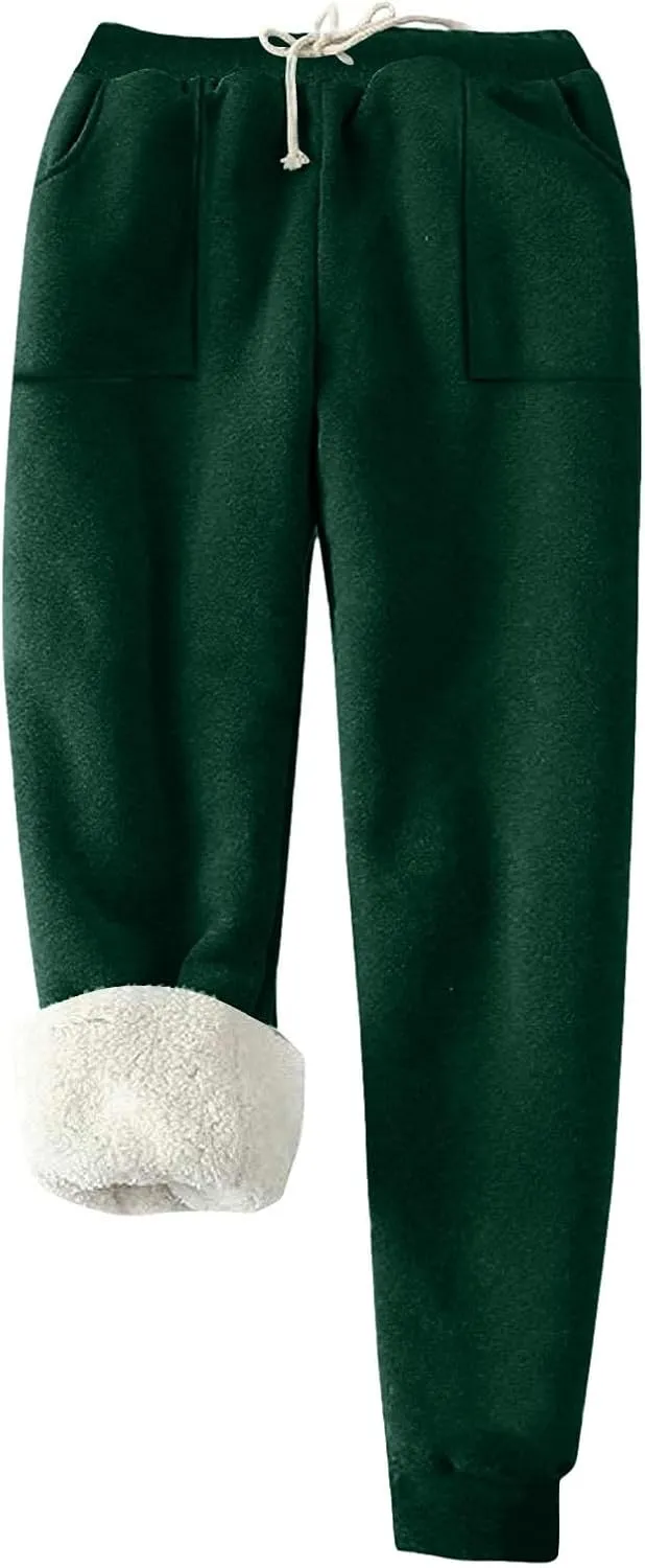 Womens Sherpa Lined Sweatpants Warm Thicken Fleece Winter Pants Straight Leg Cinch Bottom Jogger Pant with Pockets