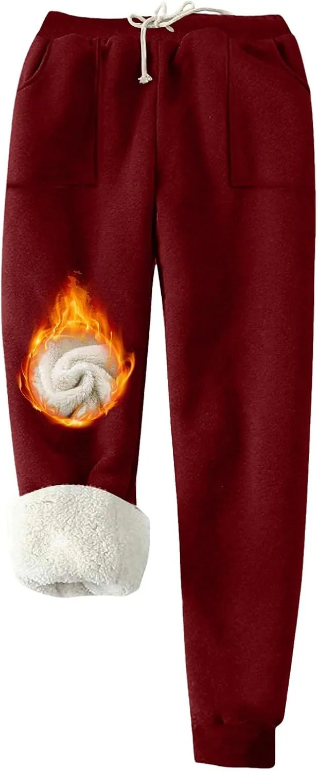 Womens Sherpa Lined Sweatpants Warm Thicken Fleece Winter Pants Straight Leg Cinch Bottom Jogger Pant with Pockets