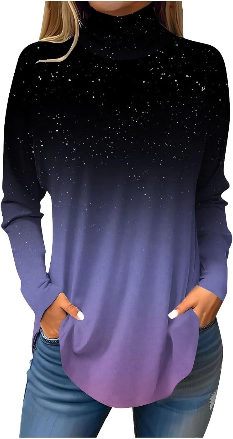 Womens Shirts Printing Long Sleeve Tops Turtleneck Casual Pullovers Fashion Loose Fit Sweatshirts Vintage Y2k Shirts