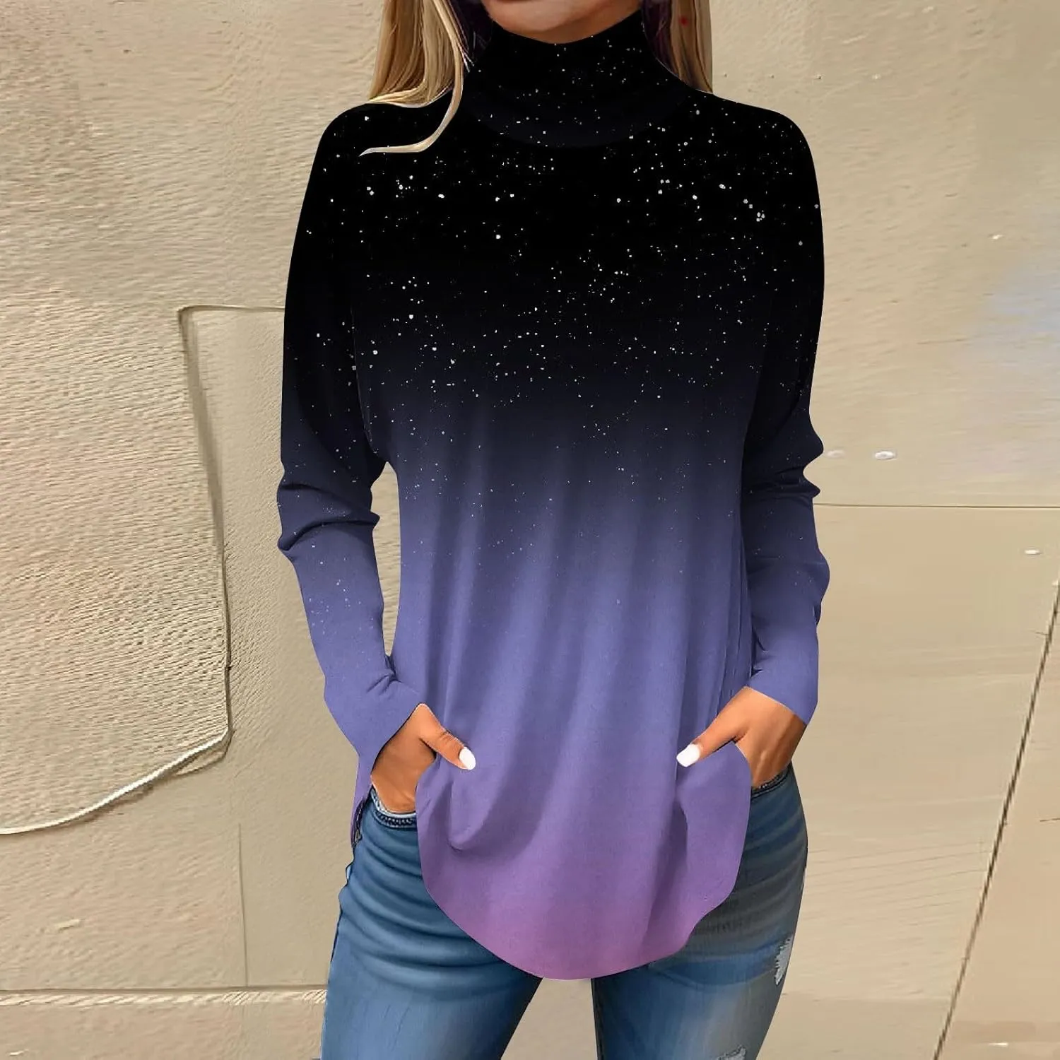 Womens Shirts Printing Long Sleeve Tops Turtleneck Casual Pullovers Fashion Loose Fit Sweatshirts Vintage Y2k Shirts