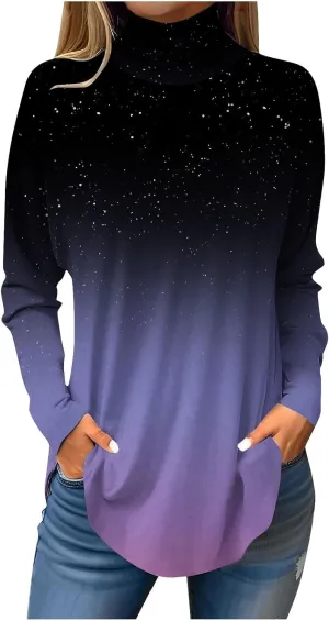 Womens Shirts Printing Long Sleeve Tops Turtleneck Casual Pullovers Fashion Loose Fit Sweatshirts Vintage Y2k Shirts