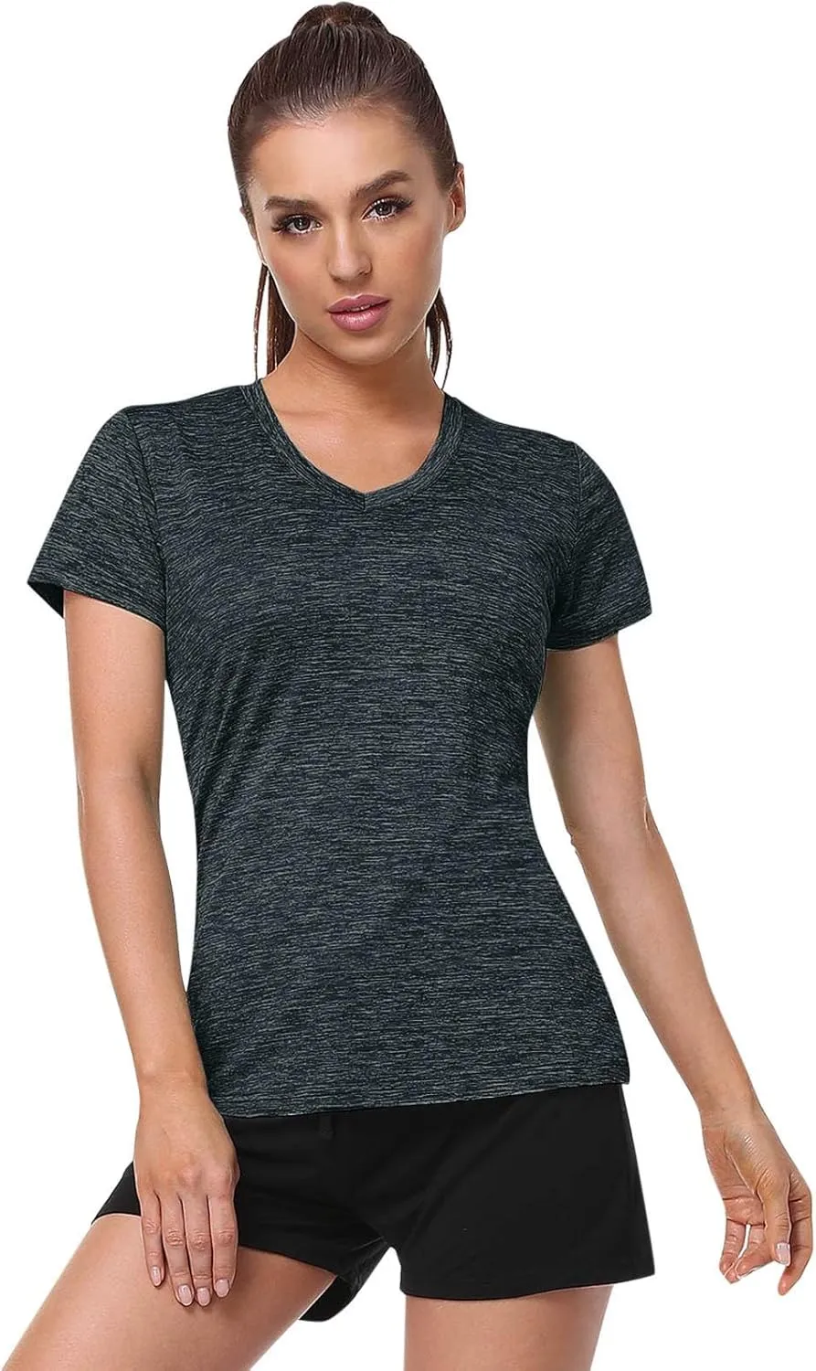 Womens Short Sleeve Athletic T-Shirt Moisture Wicking Sports V-Neck Tee Gym Yoga Running Stretch Quick Dry Tunic Tops