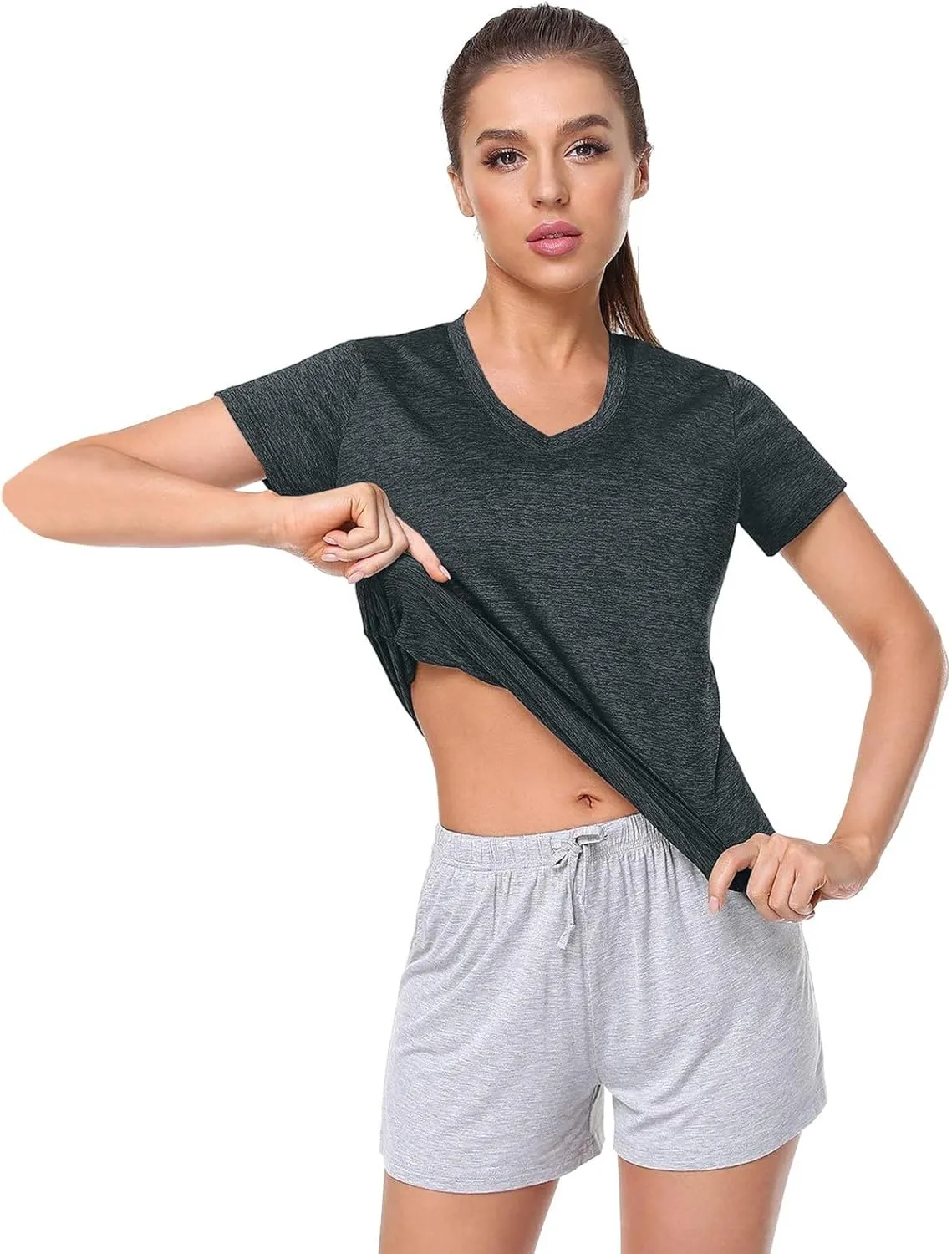 Womens Short Sleeve Athletic T-Shirt Moisture Wicking Sports V-Neck Tee Gym Yoga Running Stretch Quick Dry Tunic Tops